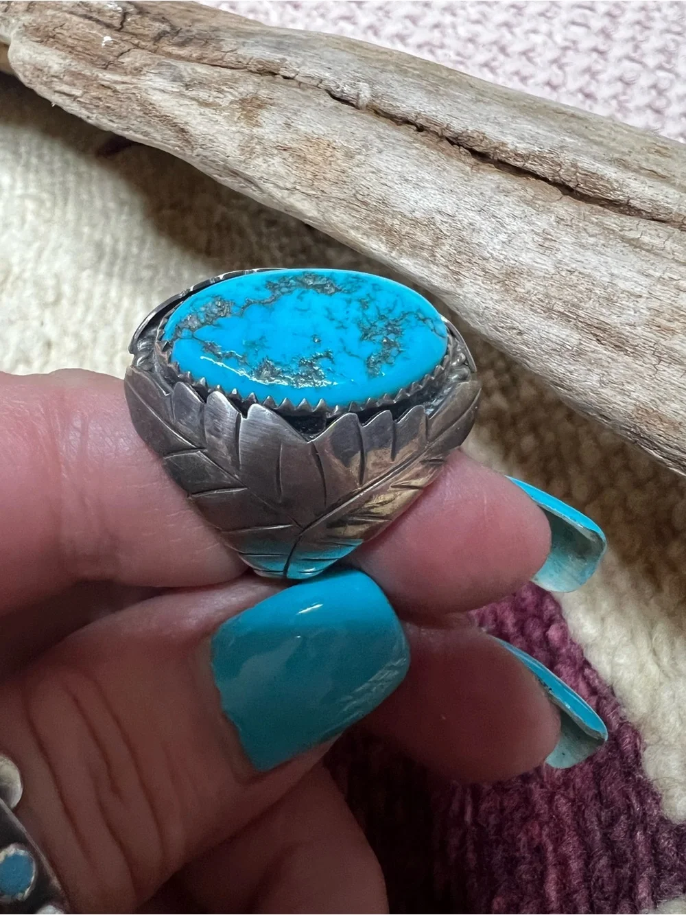 VTG Navajo Sterling Silver Turquoise Leaf Ring 10.5 Signed CY 25g